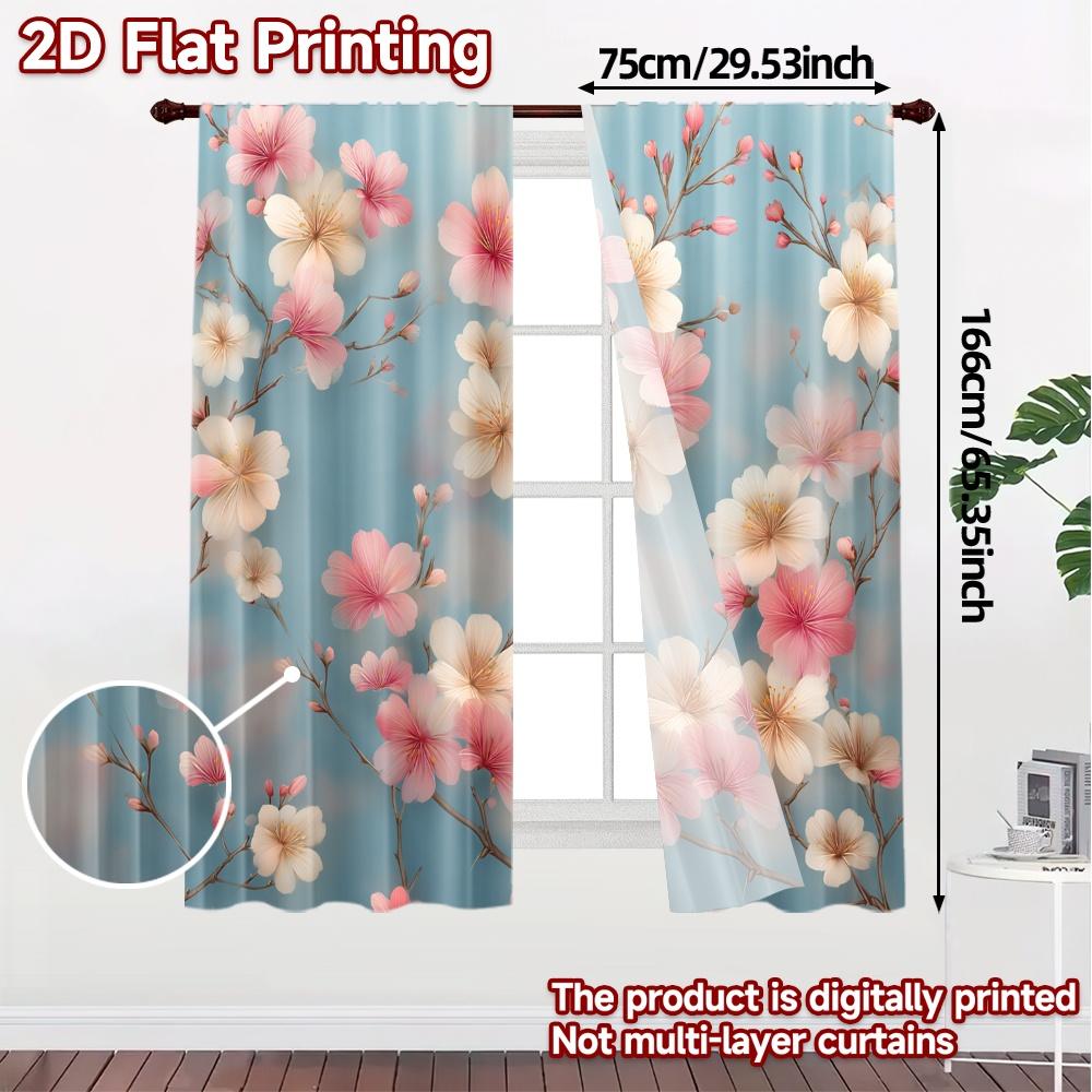 2pcs  Curtains Cherry Blossoms on Blue Popular Creative Curtains Durable 100% Polyester Fabric Curtains Versatile All Decorative