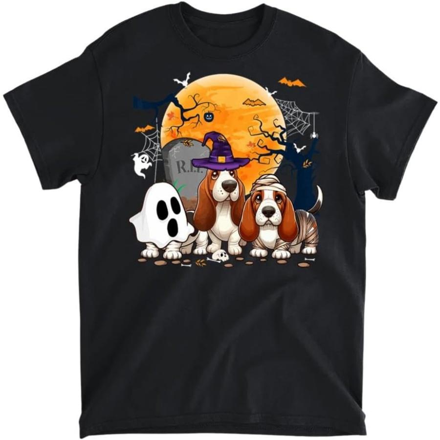 Three Halloween Basset Hounds Cosplay Witch Ghost Mummy T-Shirt, Tank Top, Long Sleeve Shirt, Sweatshirt, Hoodie Men Women Kids Made in Canada S