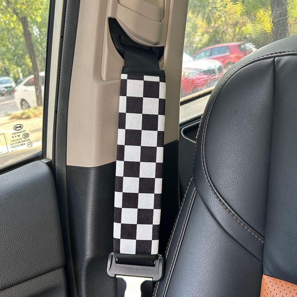 Checkered Jacquard Seat Belt Shoulder Pad Cover - Black and White