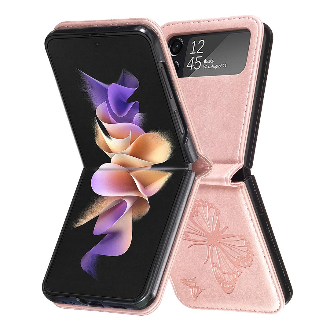 

For Samsung Galaxy Z Flip4 5G Imprinted Butterfly Phone Case PU Leather+PC Slim Fit Cover Rose Gold