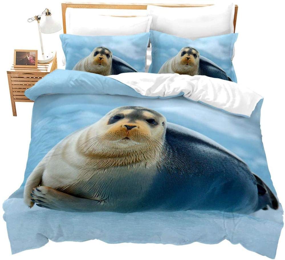 3D Sea Lion Duvet Cover King/Queen Size,Cute Cartoon Sea Lion Sleeping Print Bedding Set for Kids Boys,ocean Animals Quilt Cover