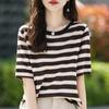 Pure Cotton Crew Neck Striped Fashionable Versatile Contrasting Color Age-reducing Short-sleeved Summer New Casual Top