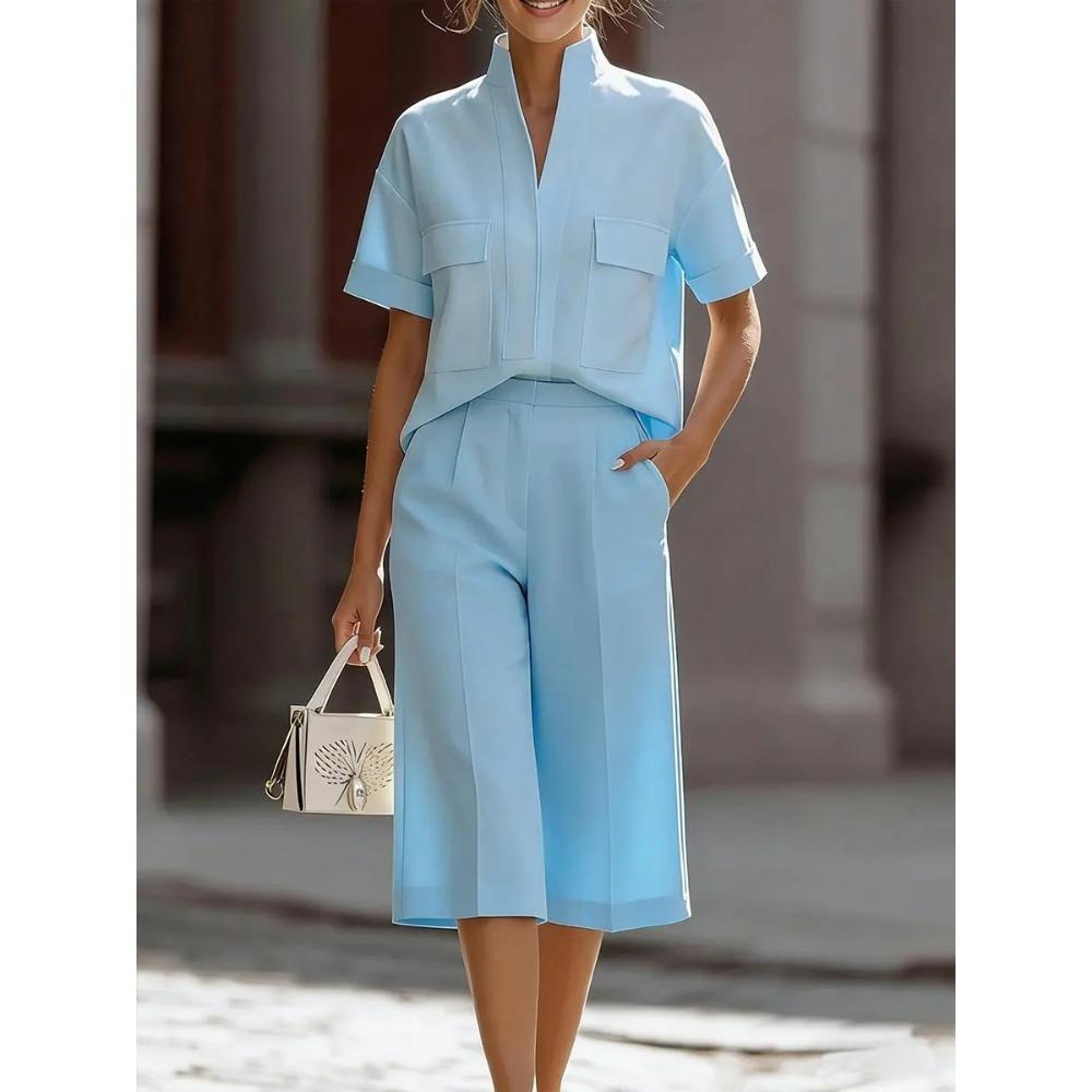 Women's Loose Fit Two-piece Outfit Set Short Sleeve Stand Collar Shirt High Waist Culotte Coordinates