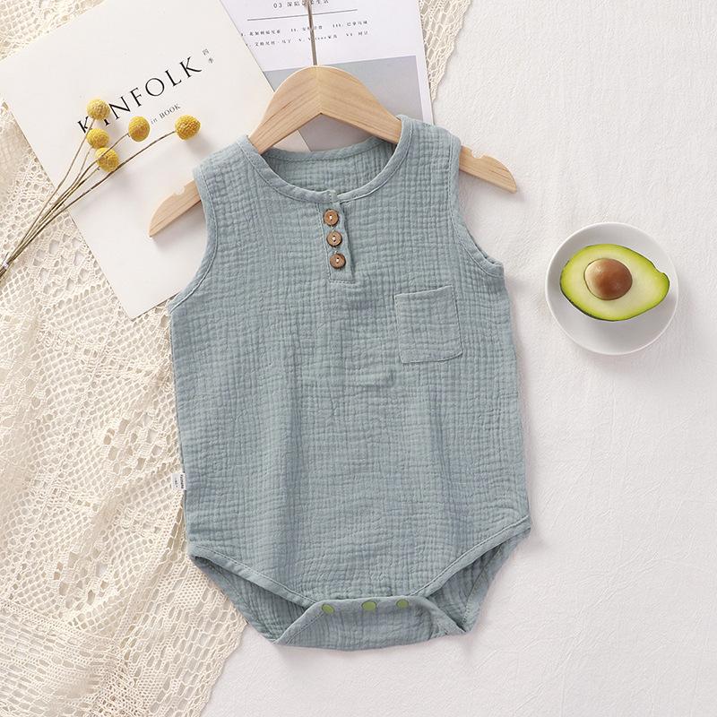 Summer Infant One-piece Clothes 0-3Y Newborn Cotton Gauze Bodysuit Baby Girl Boy Sleeveless Button Design Breathable Romper