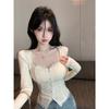 Women's Square Neck Slim Fit Lace Patchwork Top - Long Sleeve, Cropped, Autumn/Winter Style