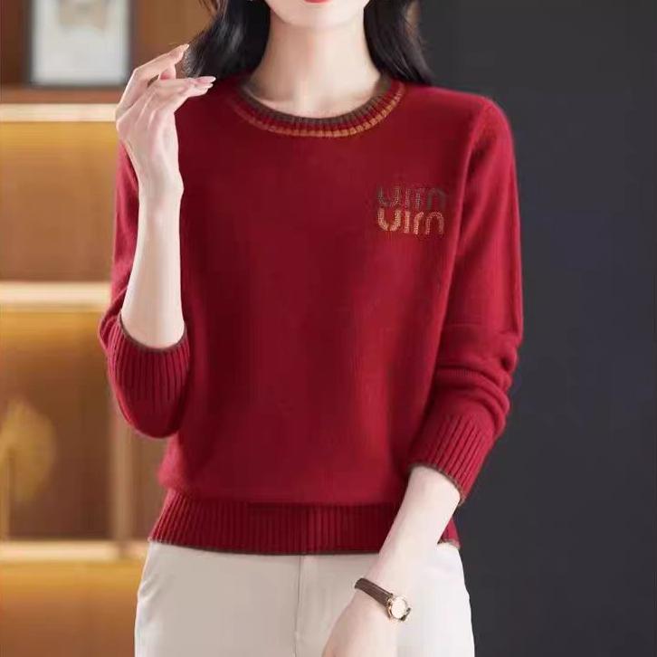 Round-neck Sweater Women's Long-sleeved Knitted Sweater Solid-color Top Loose and Warm Knitted Sweater with Pullover Underneath