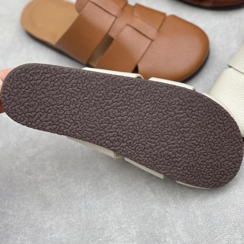 Johnature Retro Genuine Leather Flat Slippers Leisure Versatile Round Toe Soft Sole Women Outdoor Slides