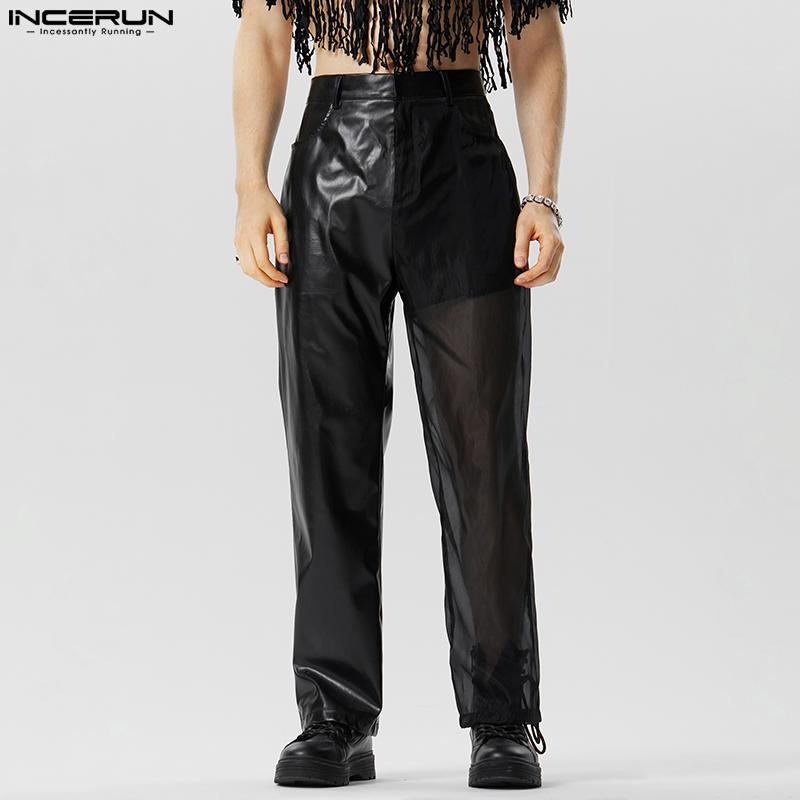 

INCERUN Black See Through Men Splaning Mesh PU кожаные длинные брюки