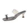 Soft leather bow rhinestone transparent sandals women's high heels are not tired of feet summer new French fairy thick heel cool slippers