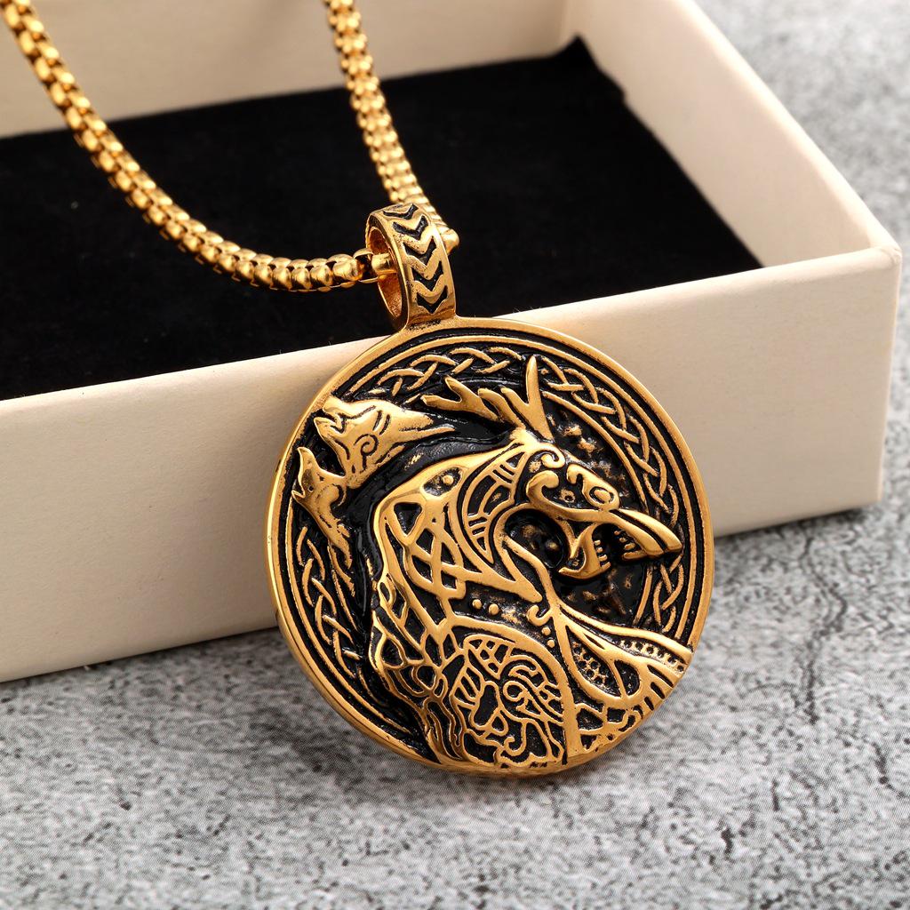 Men's Retro Stainless Steel Celtic Wolf Pendant Necklace