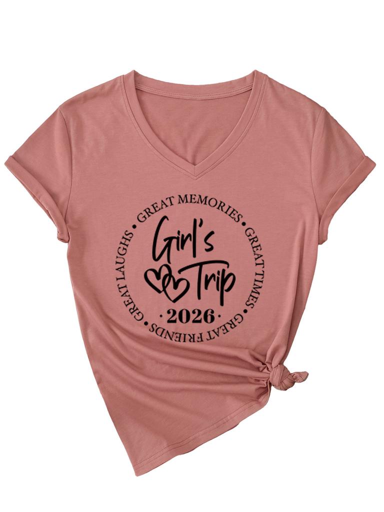 Casual and Comfortable Women's Girl's Trip Temperament V-neck Short-sleeved T-shirt