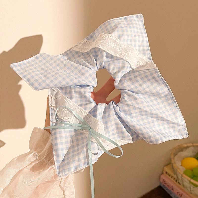 

New French Square Scarf Hair Tie Girls Hair BandsBlue Checkered Lace Bow Scarf Hair Band Oversized Square Headpiece