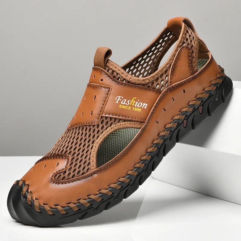 Fashion Men Genuine Leather Shoes Men's Sandals Durable Handmade Stitching Close Toe Non Slip Shoes For Indoor Outdoor Beach 2025