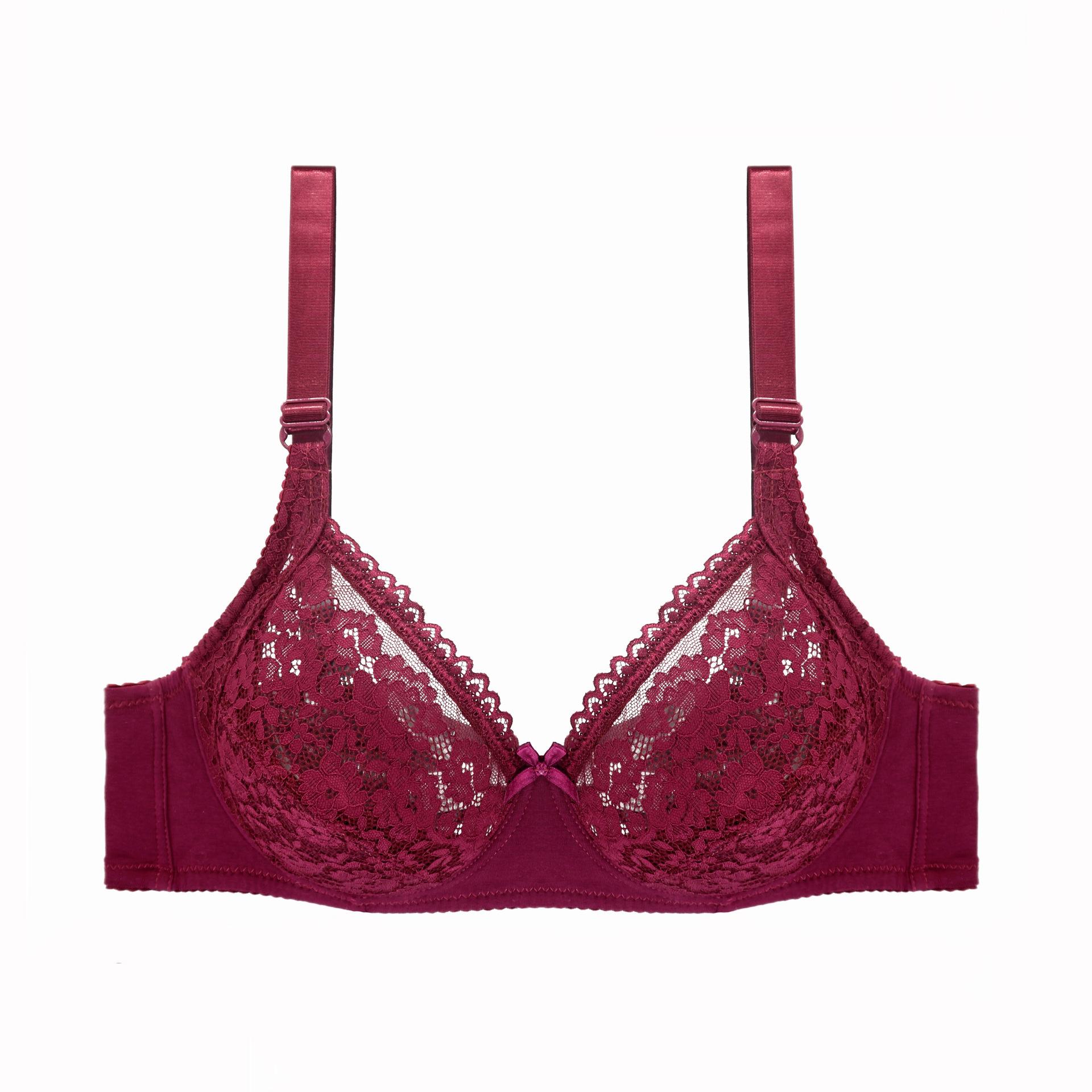 

модний бюстгальтер великого розміру з чистої бавовни сексуальна жіноча нижня білизна зі сталевим кільцем з регулюванням зручного мереживного бюстгальтера, що вбирає піт 105D бордовий