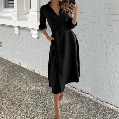 Fall Spring Women Dress A-line Big Swing V Neck Belted Tight High Waist Long Sleeve Pockets Soft Mid-calf Length Party Prom Midi Dress