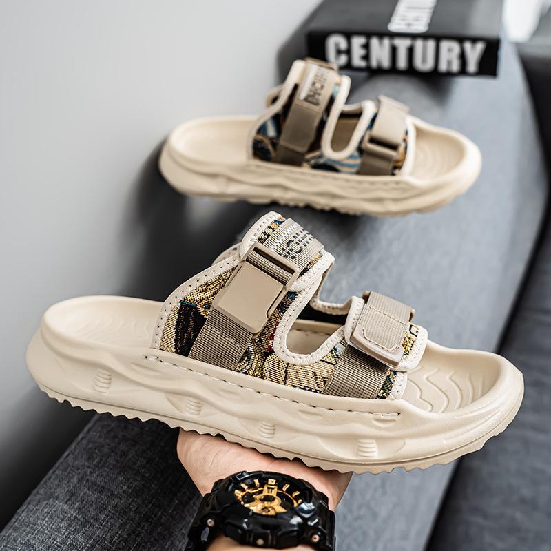 Stepping On Shit Slippers Men's Casual Non-slip Thick-soled Coconut Sandals Foreign Trade Printed Linen One-word Slips