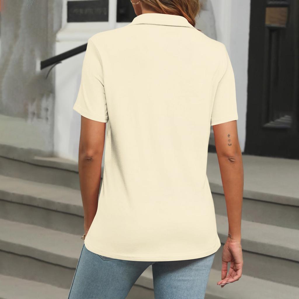 Women's Fashion Lapel Short Sleeve Solid Color Printed Button Top