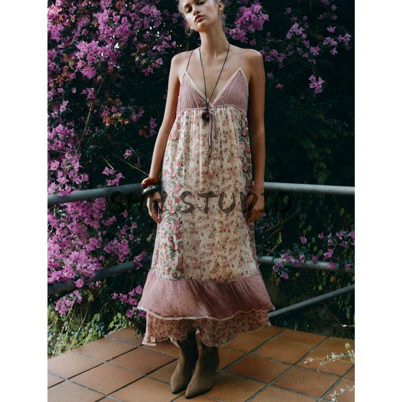 Summer New Product Women's Clothes Seaside Vacation Style V Neck Sleeveless Flower Patchwork Long Braces Dress 5770223