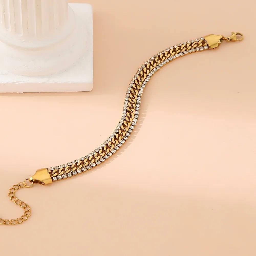 Trend Personality Stainless Steel Gold Color Shining Brightly Double-row Zircon Inlay Adjustable Bracelet for Women Jewelry Gift