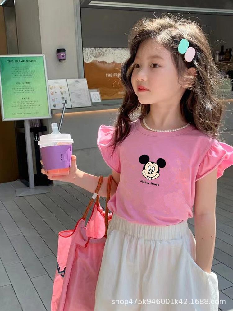 Girls Summer Cotton Cartoon T Shirt Cute Flutter Sleeve Short Sleeve Top Baby Breathable Comfortable Undershirt