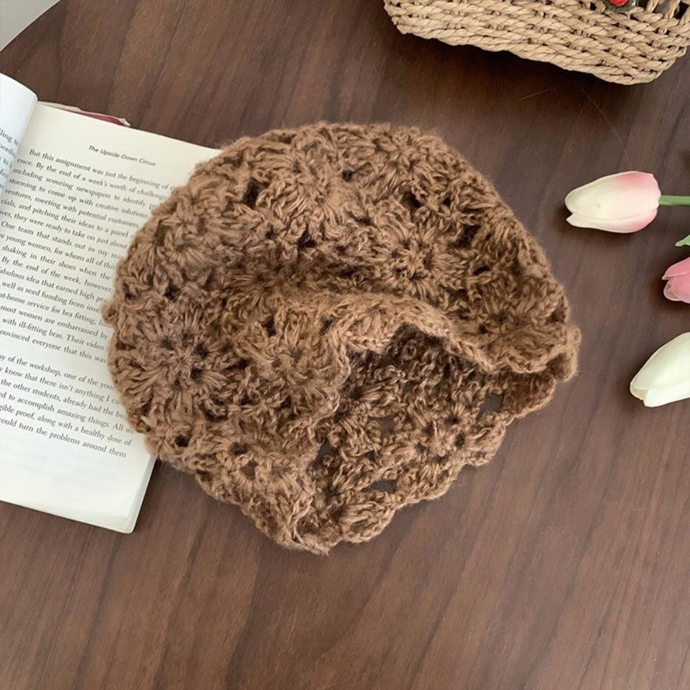 Solid Color Knitted Pullover Hat Hollow Beanies Cap Cute Crochet Flower Hat  Girls
