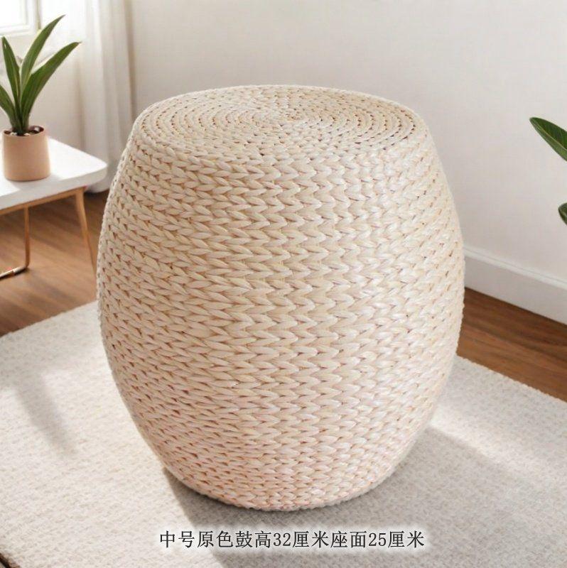 Round Rattan Ottoman Seat Cushion Handmade, Tatami Footstool, Tea Table Stool for Living Room, Low Height Chair