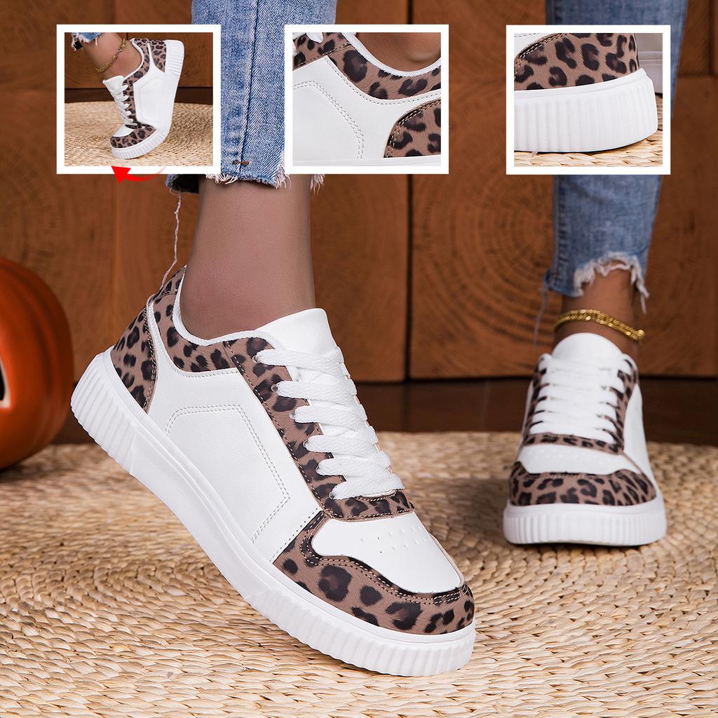 Women Leopard Print Skate Sneakers Low Top Lace Up Walking Shoes Casual Street Fashion Daily Travel Footwear Everyday Comfortable