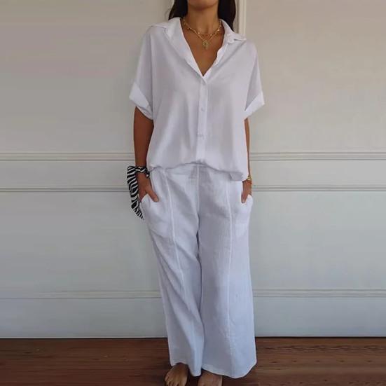 

2 шт./компл., женская рубашка и брюки, комплект домашней одежды, однотонный топ с отложным воротником и короткими рукавами, широкие брюки с эластичной резинкой на талии, свободные брюки, одежда для путешествий L белый