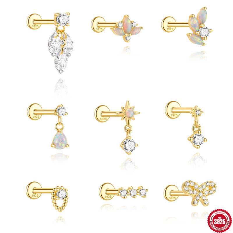 S925 Sterling Silver 2026 Daily Wear Geometric Splicing Opal Bow Diamond Cartilage Spiral Puncture Stud Earrings 16G