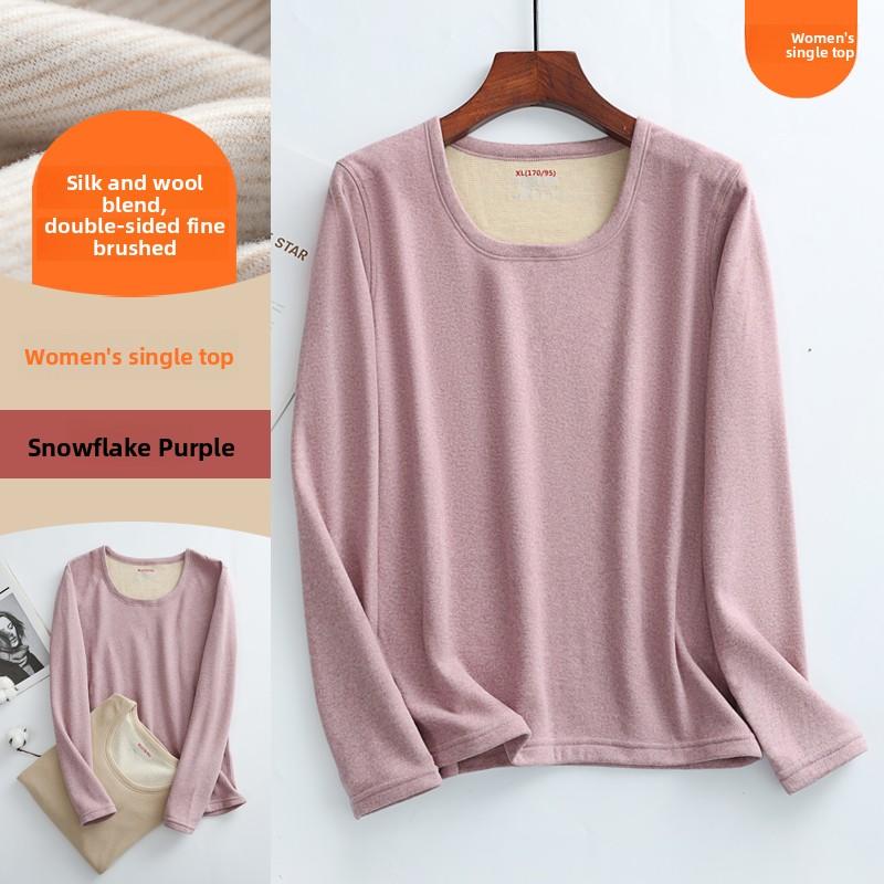Women's Fleece Lined Wool Silk Round Neck Thermal Top Slim Fit Underwear Innerwear Double Layer Warmth Home Clothes