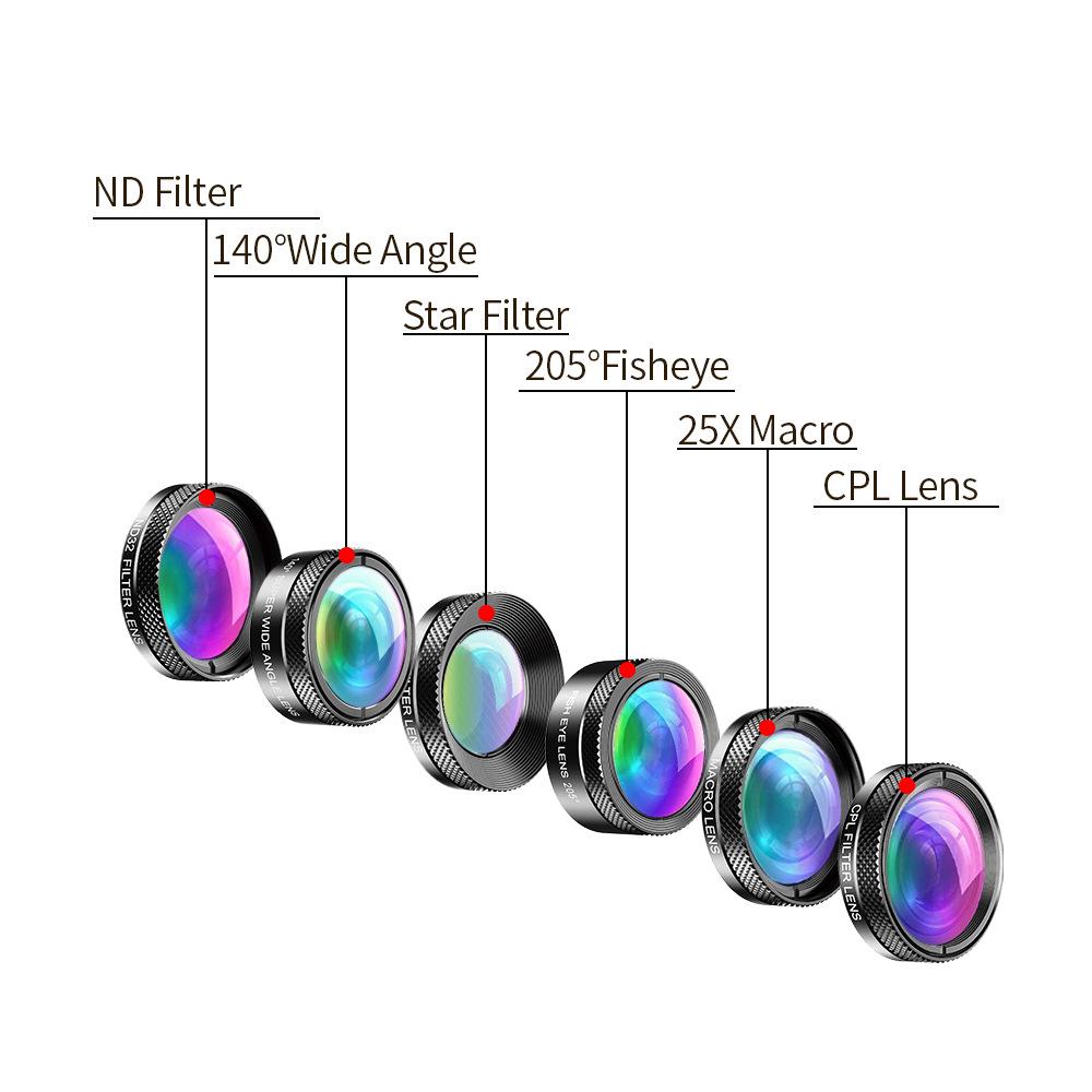 Universal 6-in-1 Mobile Lens Set: Fisheye, Wide-angle, Macro, Telephoto, Polarizing, Starlight.