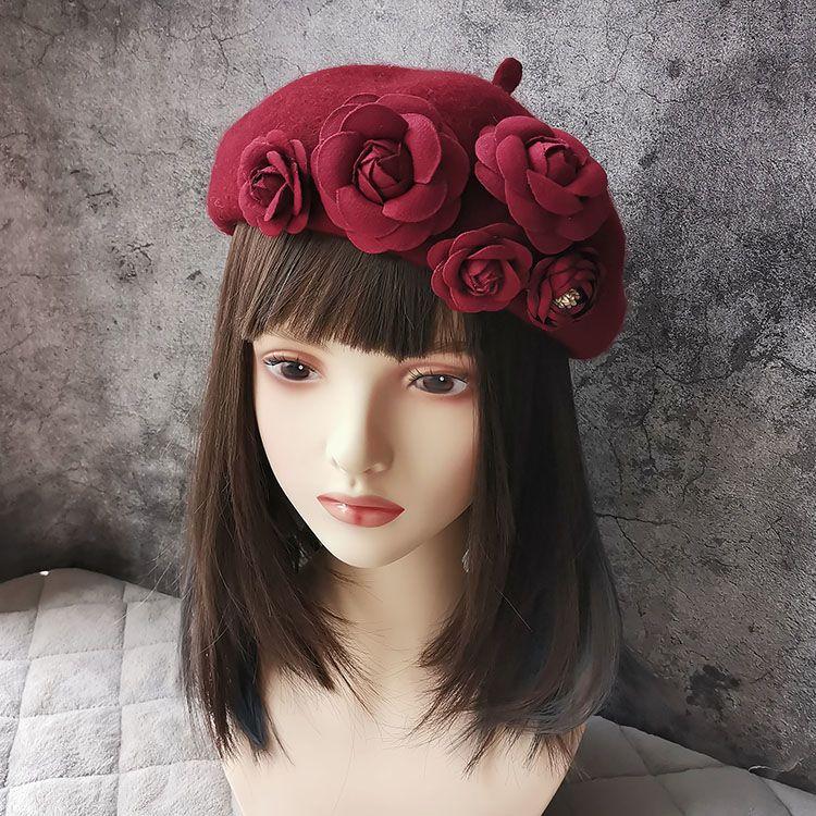 Herbst und Winter Dreidimensionale Kamelienblüten Wollbarett Ausländischer Stil Vielseitig Warm Knospenmalermütze Frau