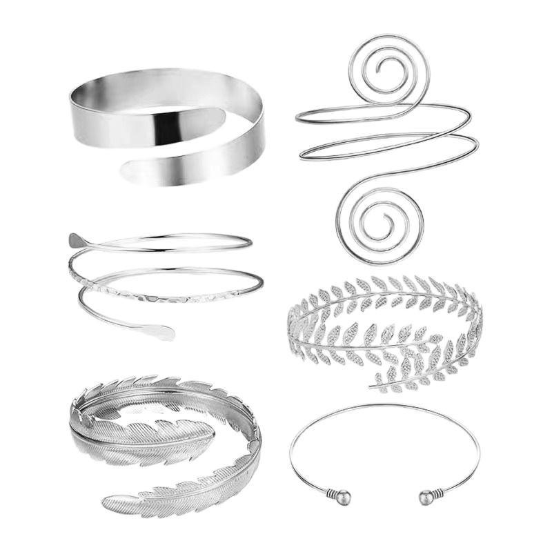 Geometrisches Metall-Armband-Set: Übertriebene Blätterarmreifen, sechsteiliges offenes Design