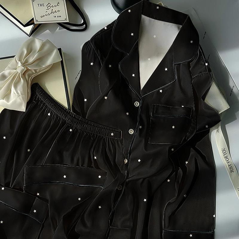 Star Print Ice Silk Women Spring And Autumn Pajamas Long Sleeves High-End Fashion Loungewear Suit