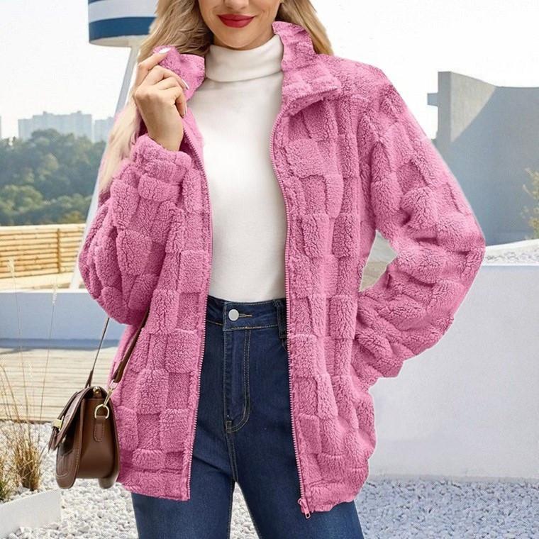 

Осень и Зима Новый Женский Кардиган на Молнии со Стойкой Воротником Свободный Жаккардовый Клетчатый Плюшевый Жакет S розы красного