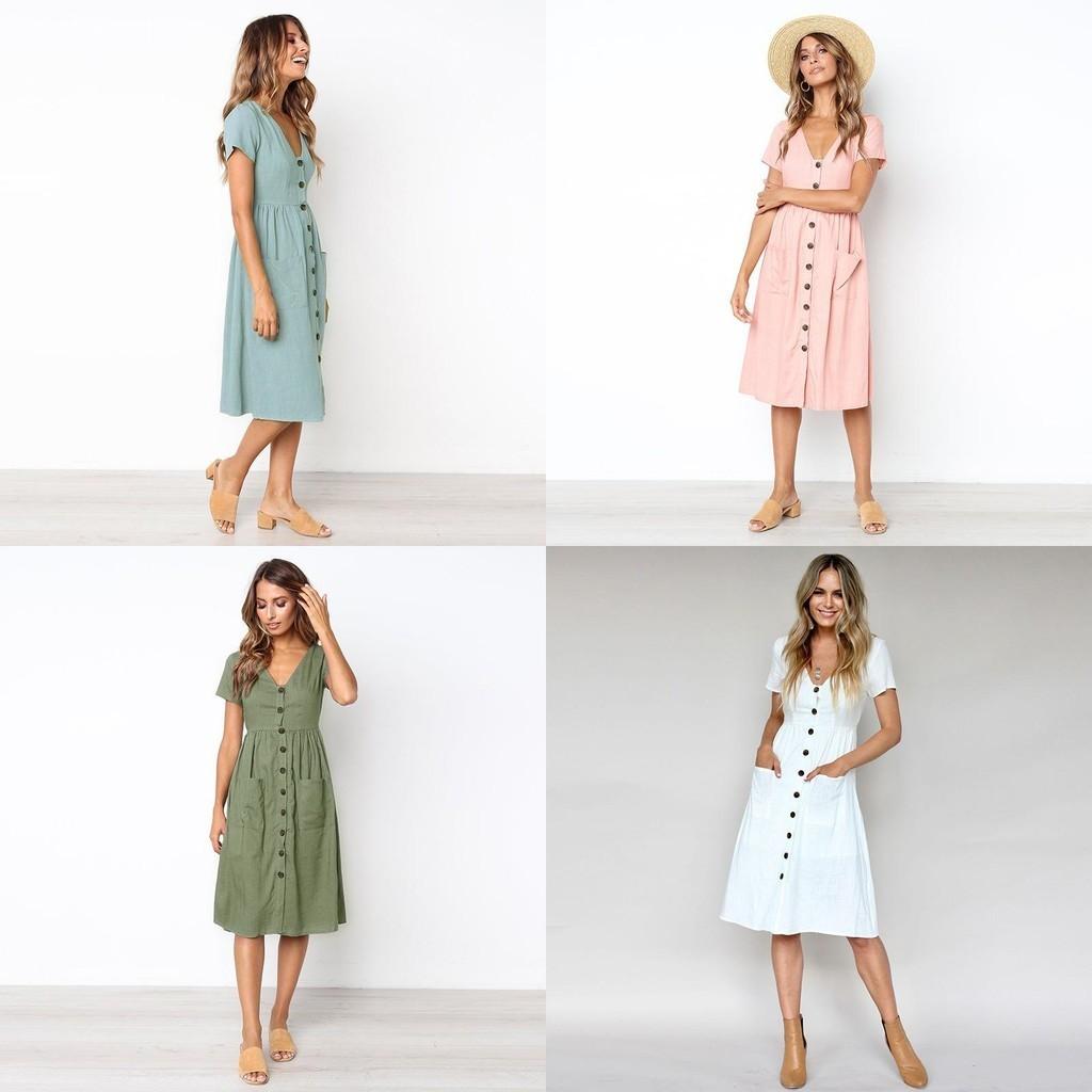Nrj 2020 Hot Sale V-neck Button-up Short Sleeve Women's Dress With Pockets