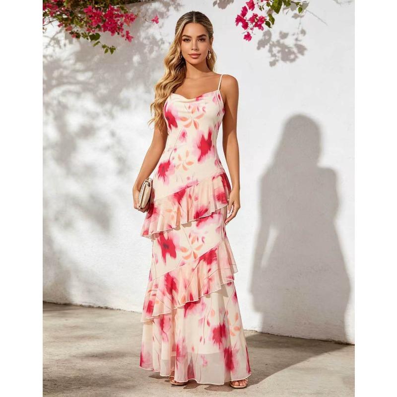 Summer new style wind print suspender long dress holiday wind ruffle edge slim dress S розовый