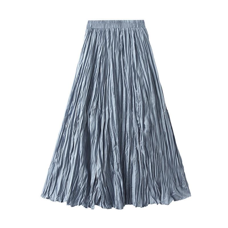Women's Spring Summer Solid Pleated Half-body Skirt A-Line Long Skirt Female Elegant Casual Skirt