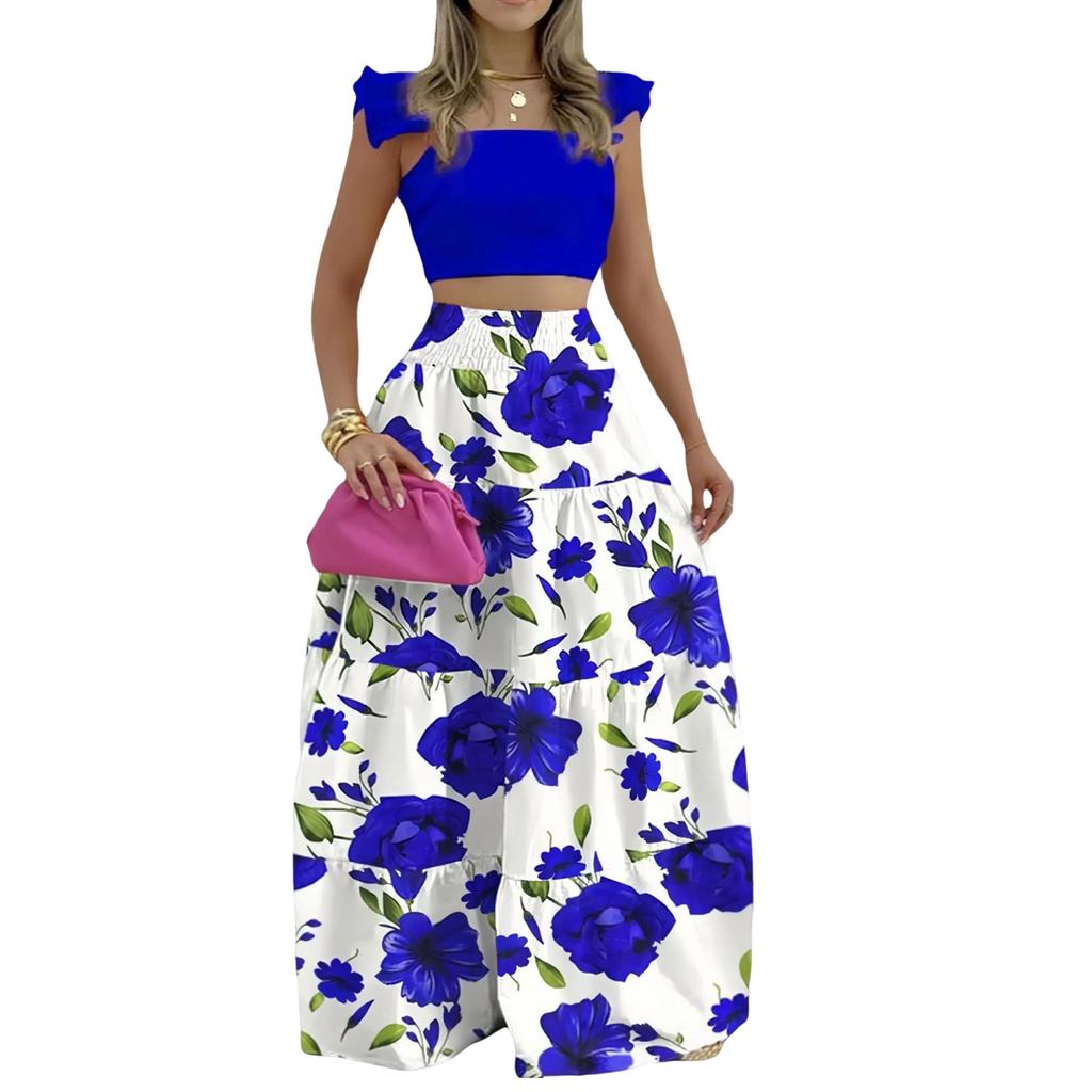Women's Fashionable Casual Floral Print Elegant And Mid-Waist Strapless Wide-Skirt Two-Piece Dress Set