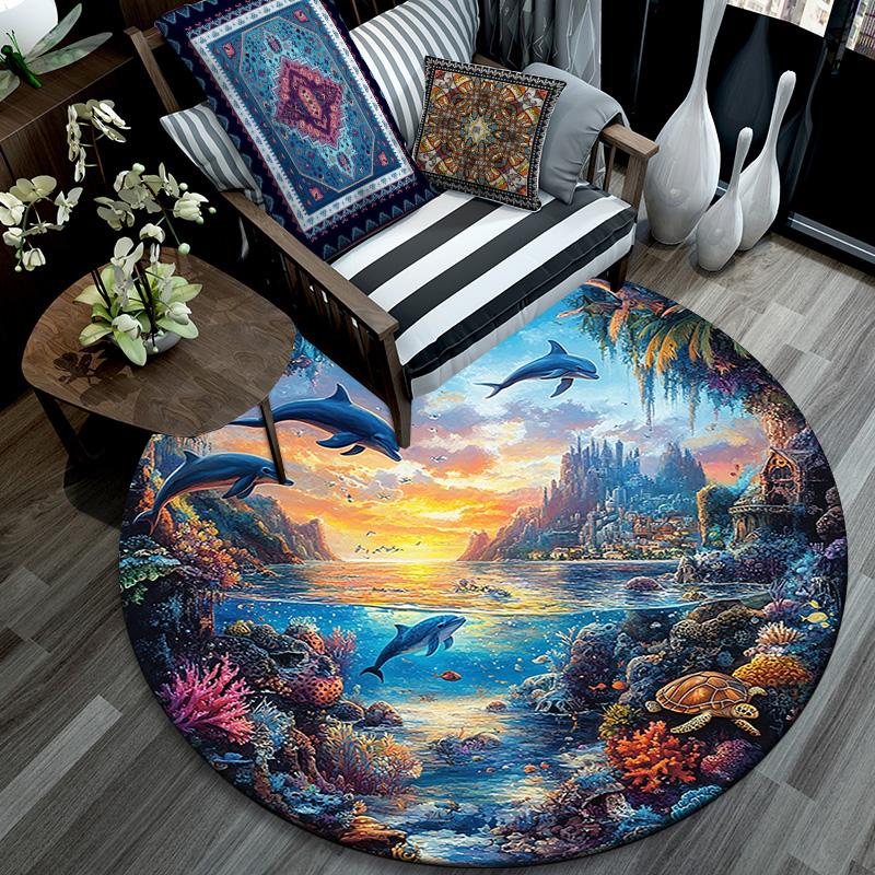 Dolphins Coral Round Area Rug,Carpet Rug for Living Room Bedroom Sofa Playroom Decor,Non-slip Floor Mat