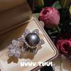 Platinum Grey Pearl Camellia Gemstone Necklace, Banquet Haute Couture Flower Bead Ring Vintage Necklace