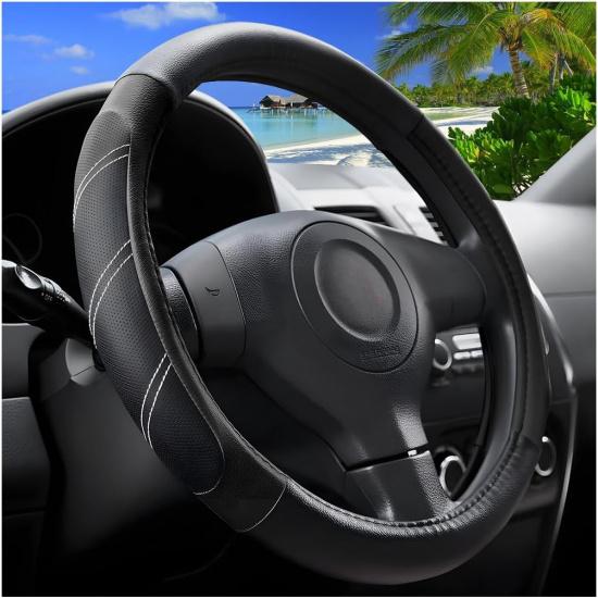 Car Steering Wheel Cover, 15 Inch Carbon Fiber Leather Non-Slip Steering Wheel Protector With Lining, Breathable Automotive Interior Accessories,