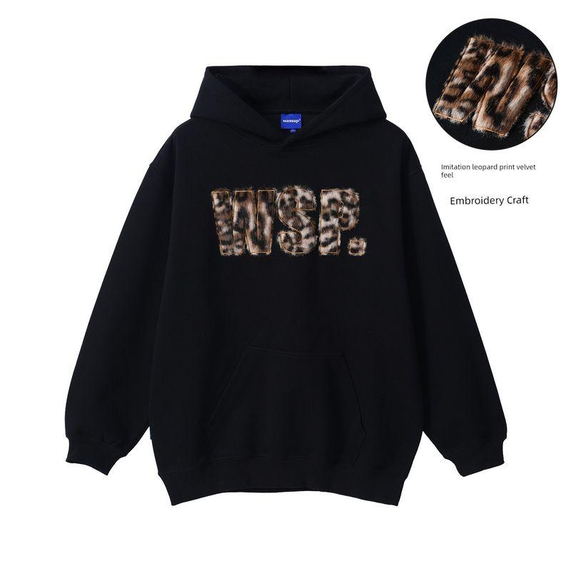 

Wassup Official Store National Trend Ins Embroidered Leopard Print Hooded Jacket Heavyweight Loose Unisex Sweatshirt Autumn and Winter Black X L