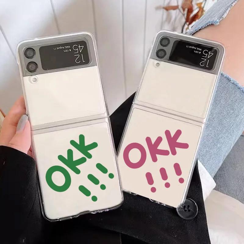 Plain OKK Words Letters Pattern Transparent Case for Samsung Galaxy Z Flip 5 6 4 3 5G Clear Cover Flip5 Flip6 4 INS Fundas Shell