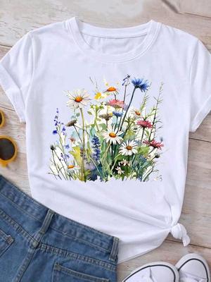(Asiatische Größe) Damen T-Shirt Trend Niedlich 90er Mode Print Dame Weiblich Grafik Lässig Kurzarm T-Shirts Tee Top Kleidung