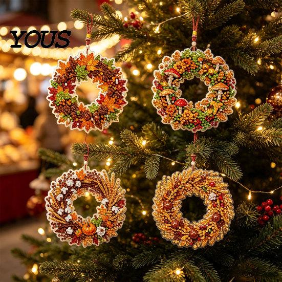 Faux Diamond Painting Craft Set 4Pcs Hanging Art Kit for Christmas Tree, DIY Mini Diamonds Kits Ornament Kit, Acrylic Window Pendant Adults Beginners