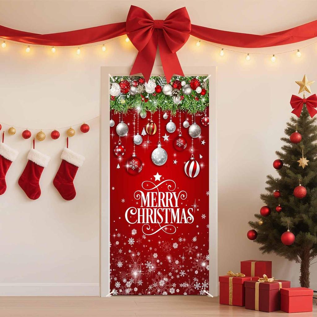 Christmas Door Cover Snowflake Background Banner Merry Christmas Decorations with Ball Design Photography Hanging Cover Photo Booth Props Decorations