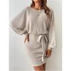 Autumn Women's Belt Decorated Bat Long-sleeved Pit Strip Wool Knit Dress
