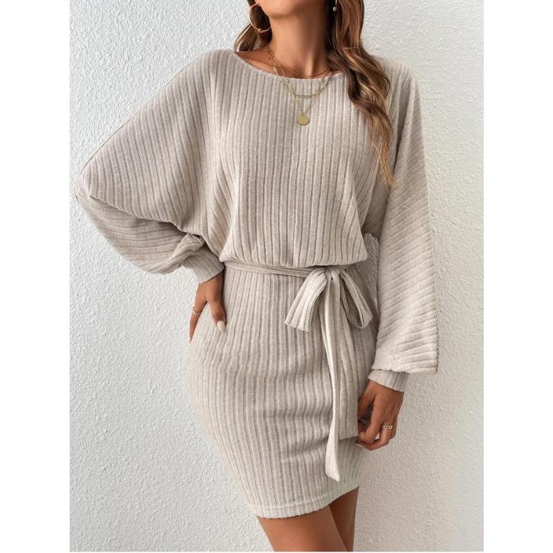 Autumn Women's Belt Decorated Bat Long-sleeved Pit Strip Wool Knit Dress