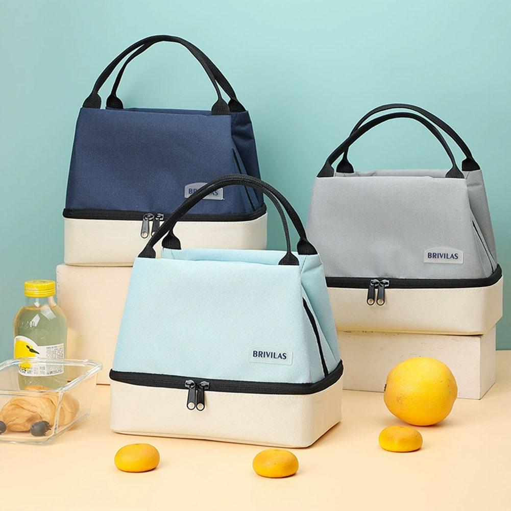 Fashion Color-blocked Double-layer Lunch Bag Fashion Dopamine  Bento Insulated Pack Portable Food Handheld Insulation Bag